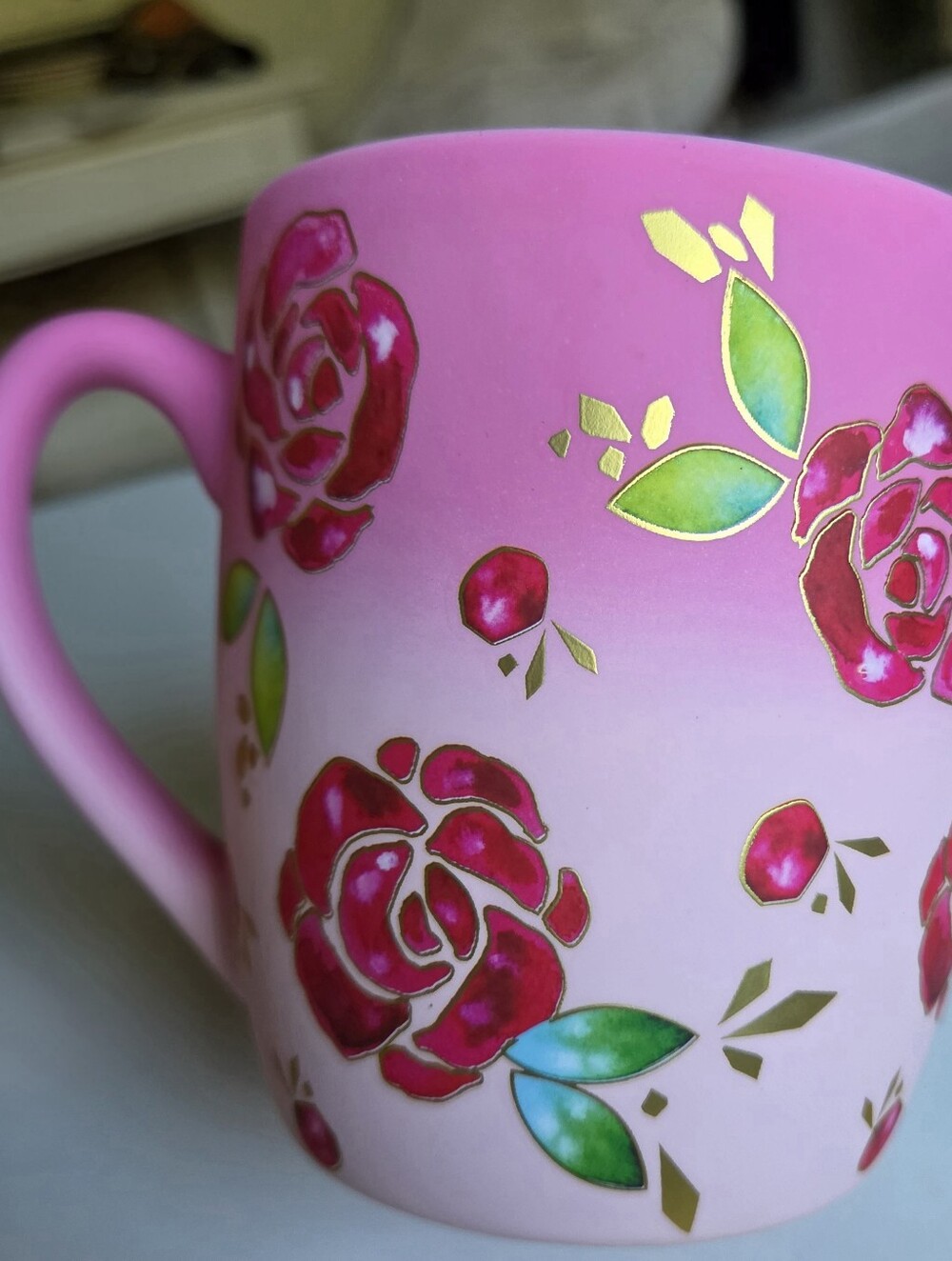 Pink Floral Ceramic Mug with Gold Trim and Green Leaf Accents 20 fl oz Romantic